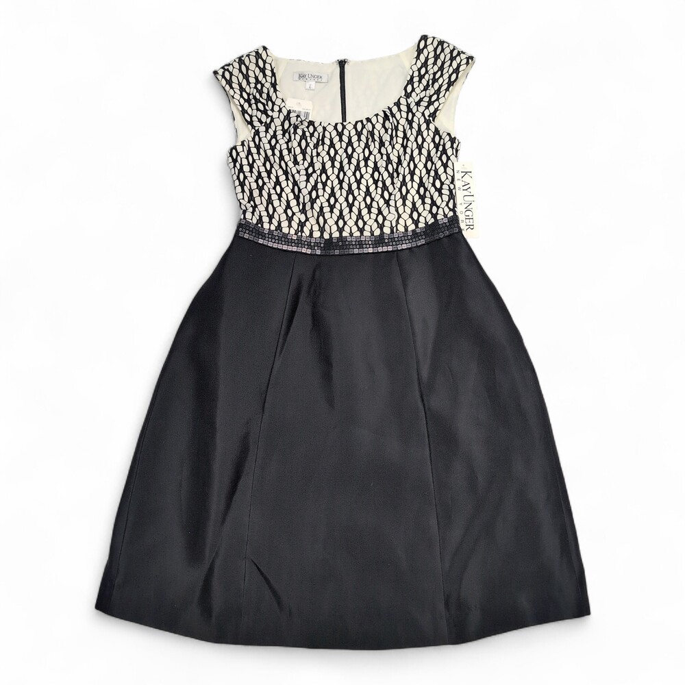 Kay Unger Black & Ivory A-Line Cocktail Dress Size 6 Beaded Waist
